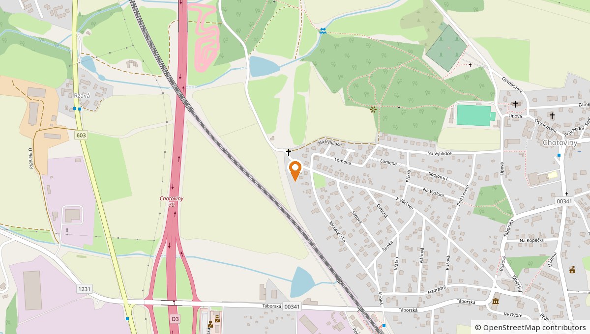 Mapa s vyznačenou adresou K Václavu 165, 391 37 Chotoviny